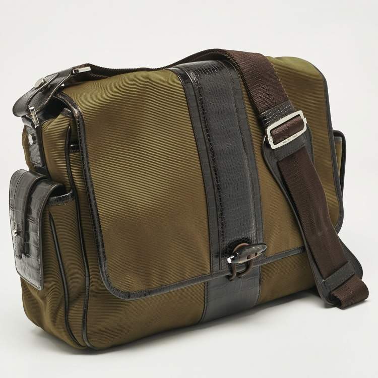Pre Owned Montblanc Olive Green/Brown Croc Embossed Leather and Nylon Nightflight Messenger Bag