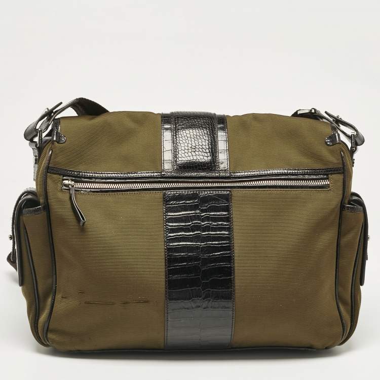 Pre Owned Montblanc Olive Green/Brown Croc Embossed Leather and Nylon Nightflight Messenger Bag