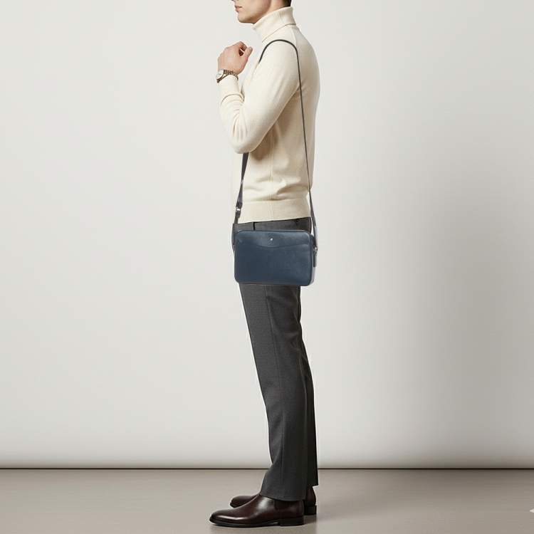 Pre Owned Montblanc Top Zip Sartorial Navy Blue Leather Messenger Bag