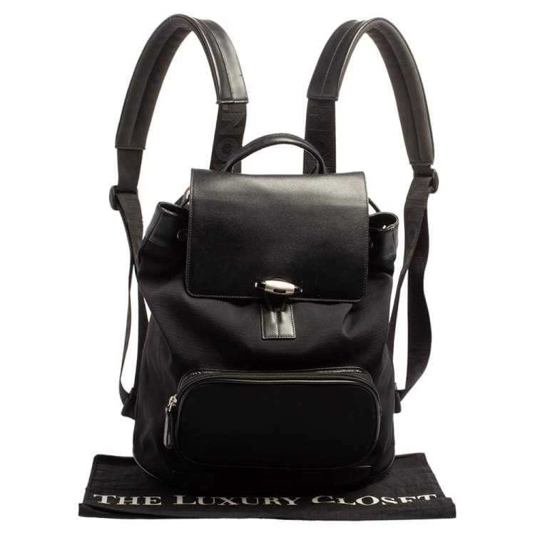 Pre Owned Montblanc Black Nylon and Leather Drawstring Flap Backpack