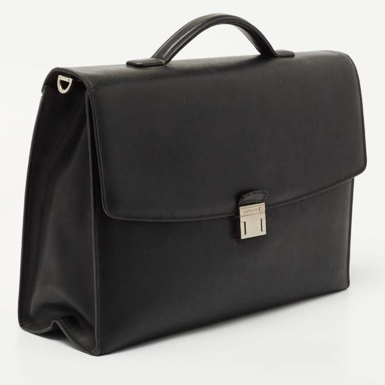 Pre Owned Montblanc Black Leather Pushlock Flap Briefcase 