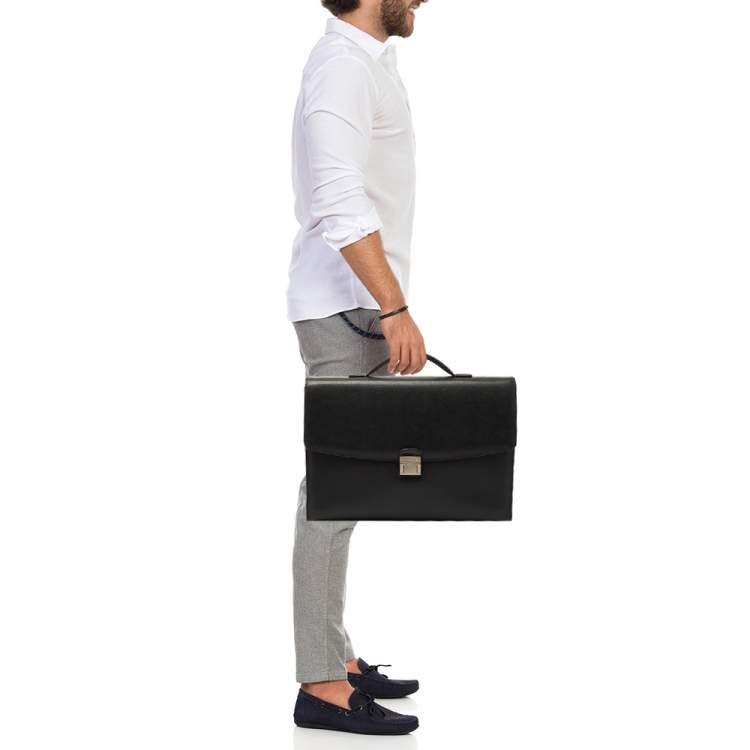 Pre Owned Montblanc Black Leather Pushlock Flap Briefcase 