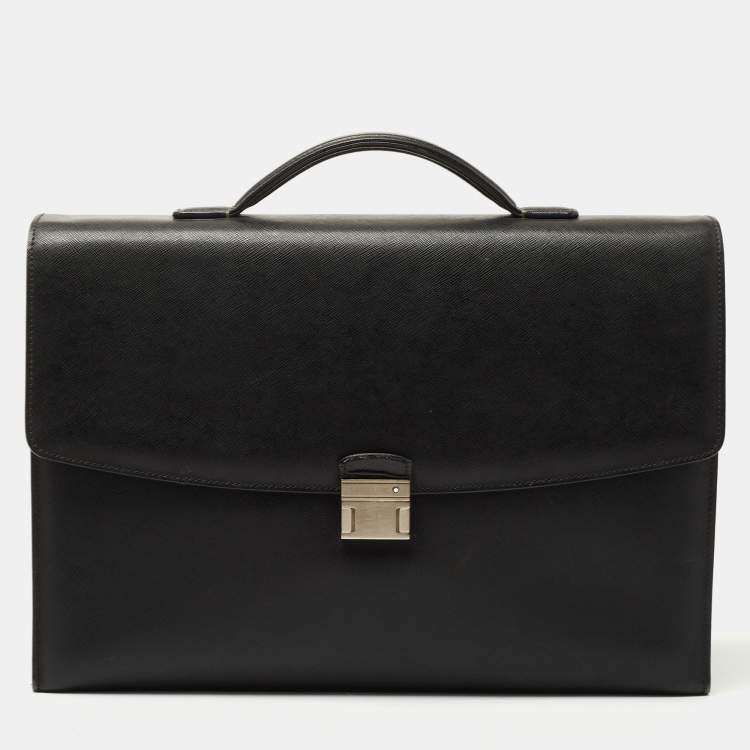 Pre Owned Montblanc Black Leather Pushlock Flap Briefcase 