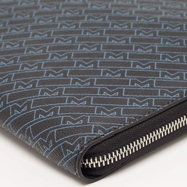 Pre Owned Montblanc Black/Blue Coated Canvas and Leather Zip Portfolio