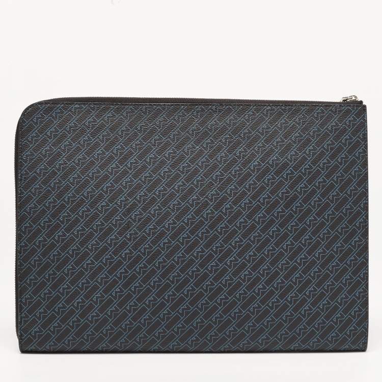 Pre Owned Montblanc Black/Blue Coated Canvas and Leather Zip Portfolio