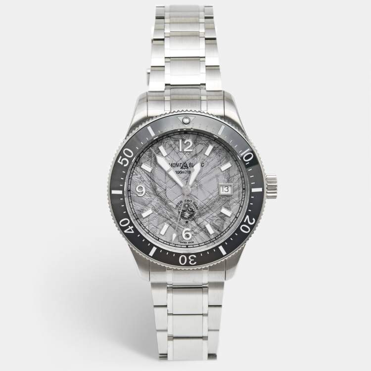 Pre Owned Montblanc Gray Glacier Pattern Ceramic Stainless Steel 1858 Iced Sea MB130793 Men's Wristwatch 41 mm