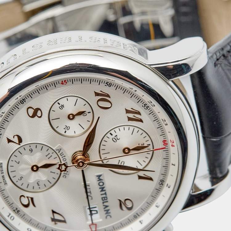 Pre Owned Montblanc Silver Guilloche Stainless Steel Alligator Leather Star 110590 Men's Wristwatch 42 mm