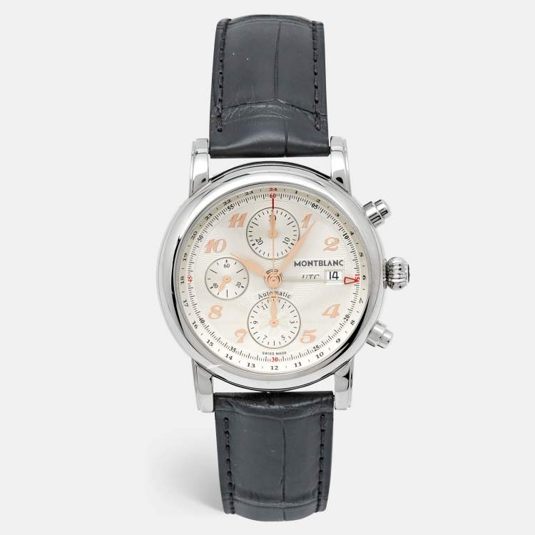 Pre Owned Montblanc Silver Guilloche Stainless Steel Alligator Leather Star 110590 Men's Wristwatch 42 mm