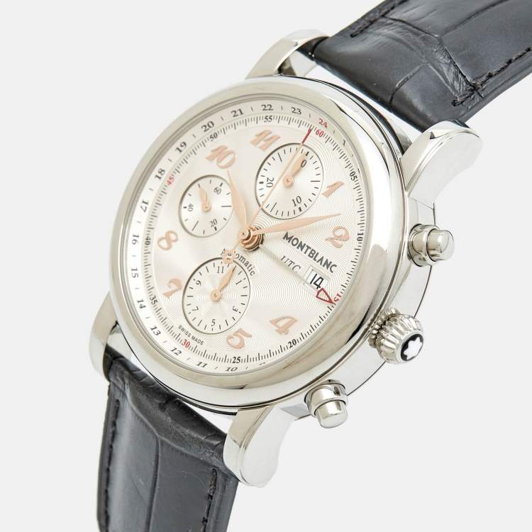 Pre Owned Montblanc Silver Guilloche Stainless Steel Alligator Leather Star 110590 Men's Wristwatch 42 mm
