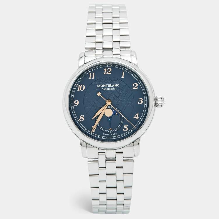 Pre Owned Montblanc Star Legacy Moonphase M129631 Blue Dial Stainless Steel Men's Wristwatch 42 mm