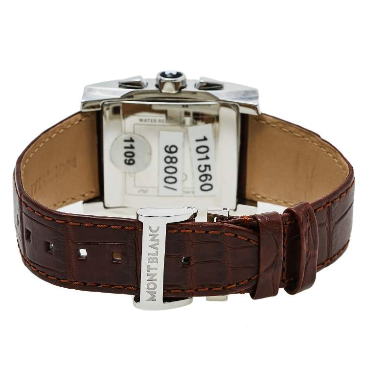 Pre Owned Montblanc Silver Stainless Steel Leather Profile XL 101560 Men's Wristwatch 33 mm