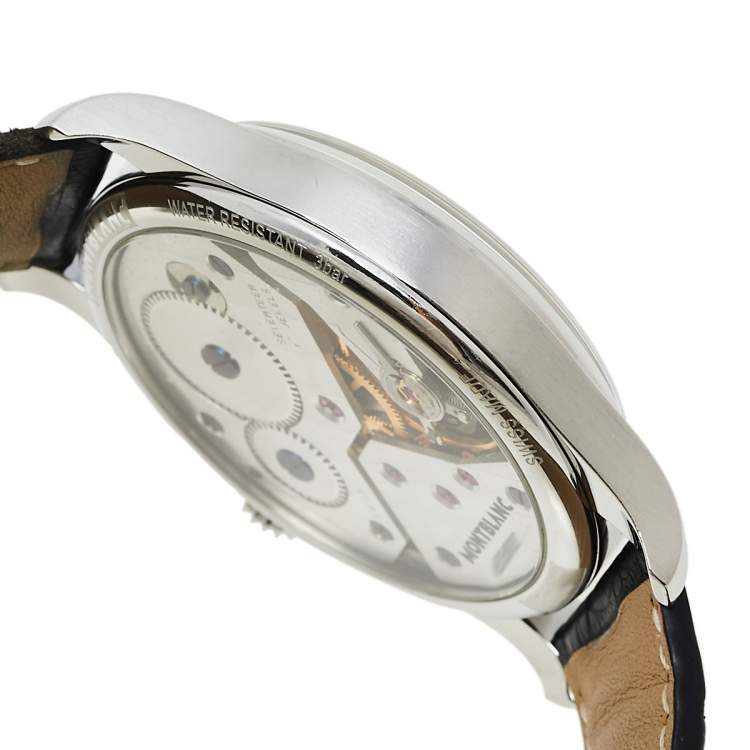 Pre Owned Montblanc Blue Stainless Steel and Leather 1858 7333 Men's Wristwatch 44 mm