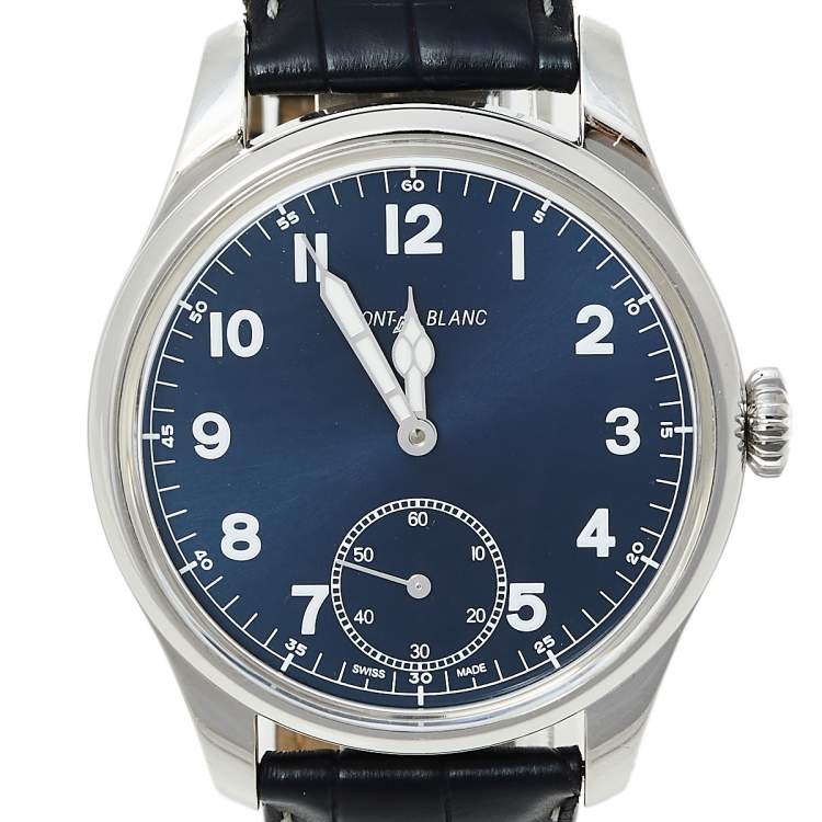 Pre Owned Montblanc Blue Stainless Steel and Leather 1858 7333 Men's Wristwatch 44 mm