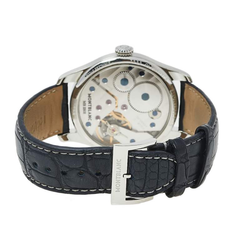 Pre Owned Montblanc Blue Stainless Steel and Leather 1858 7333 Men's Wristwatch 44 mm