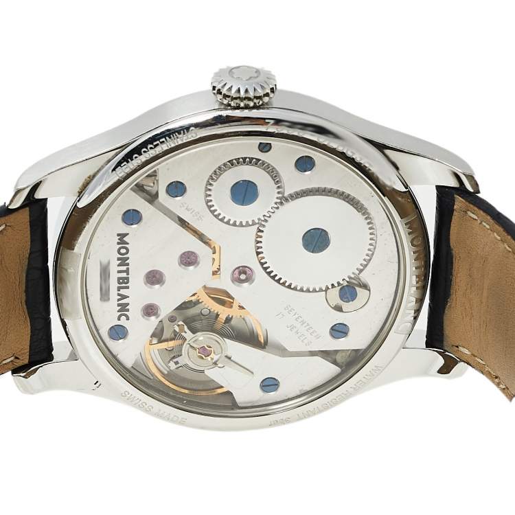 Pre Owned Montblanc Blue Stainless Steel and Leather 1858 7333 Men's Wristwatch 44 mm