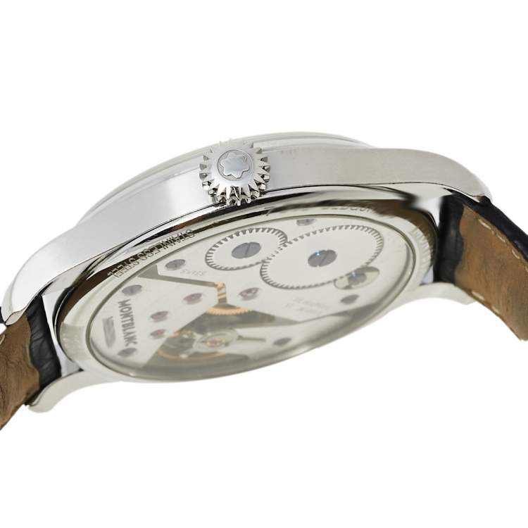 Pre Owned Montblanc Blue Stainless Steel and Leather 1858 7333 Men's Wristwatch 44 mm