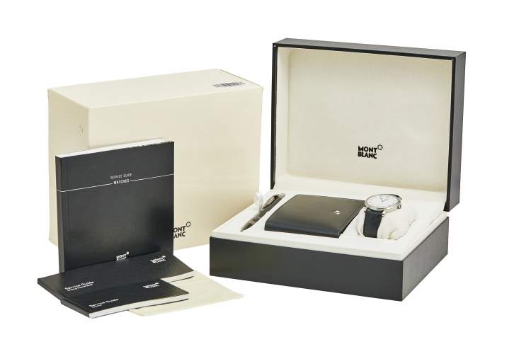 Pre Owned Montblanc White Stainless Steel Alligator Traditional 7336 Men's Wristwatch 40 mm Wallet & Ballpoint Pen Set 