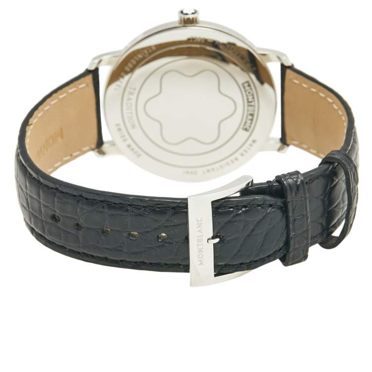 Pre Owned Montblanc White Stainless Steel Alligator Traditional 7336 Men's Wristwatch 40 mm Wallet & Ballpoint Pen Set 