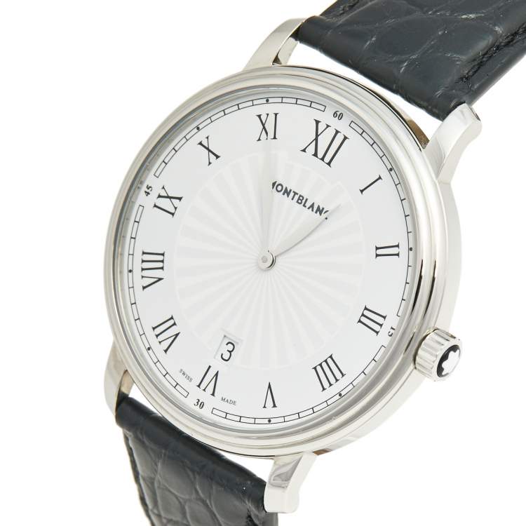 Pre Owned Montblanc White Stainless Steel Alligator Traditional 7336 Men's Wristwatch 40 mm Wallet & Ballpoint Pen Set 