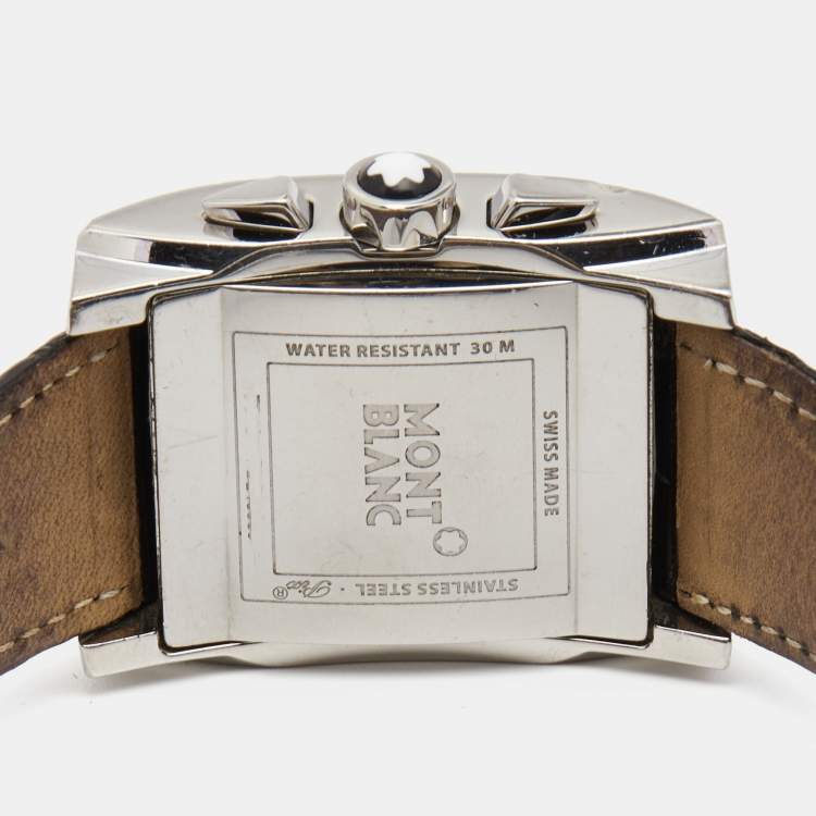 Pre Owned Montblanc Silver Stainless Steel Leather Profile 7049 Men's Wristwatch 34 mm
