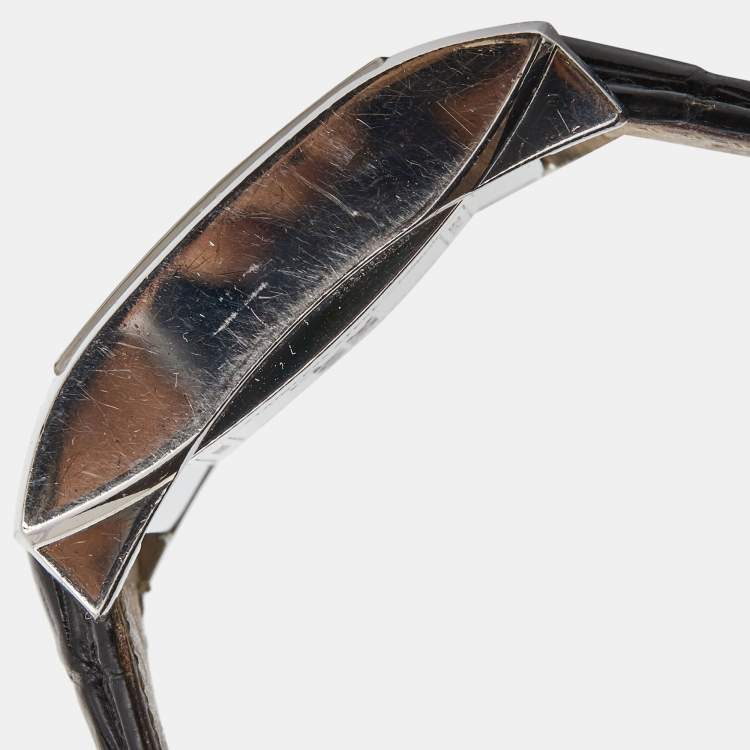 Pre Owned Montblanc Silver Stainless Steel Leather Profile 7049 Men's Wristwatch 34 mm