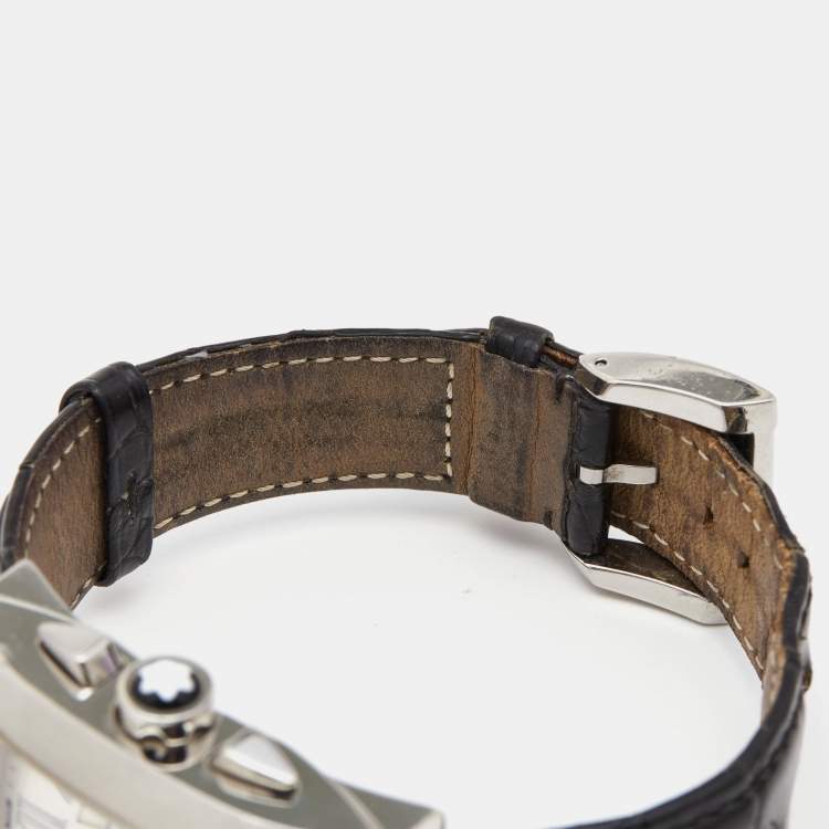 Pre Owned Montblanc Silver Stainless Steel Leather Profile 7049 Men's Wristwatch 34 mm