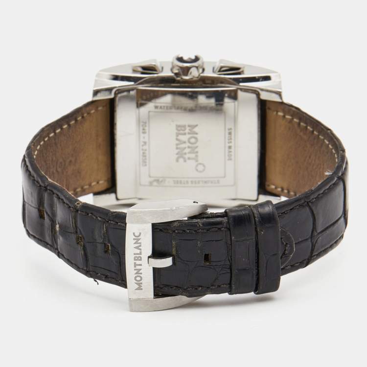 Pre Owned Montblanc Silver Stainless Steel Leather Profile 7049 Men's Wristwatch 34 mm