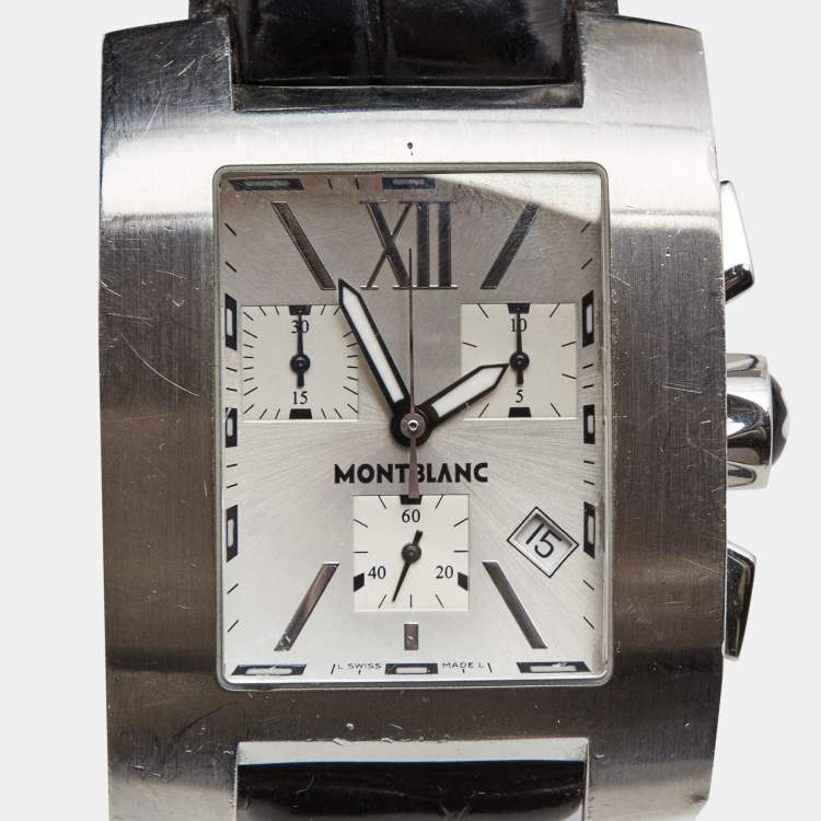 Pre Owned Montblanc Silver Stainless Steel Leather Profile 7049 Men's Wristwatch 34 mm