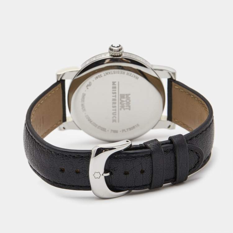 Pre Owned Montblanc Black Stainless Steel Leather Star 105893 Men's Wristwatch 39 mm