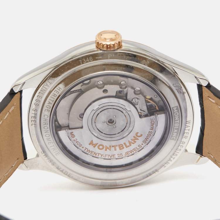 Pre Owned Montblanc Silver 18k Rose Gold Stainless Steel Alligator Heritage 112521 Men's Wristwatch 38 mm