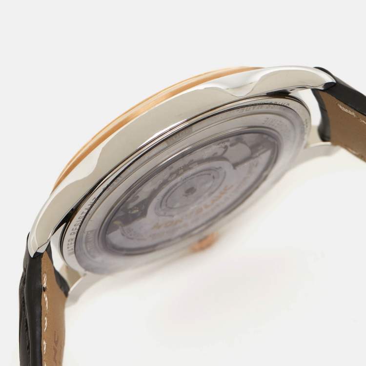 Pre Owned Montblanc Silver 18k Rose Gold Stainless Steel Alligator Heritage 112521 Men's Wristwatch 38 mm