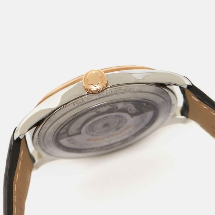 Pre Owned Montblanc Silver 18k Rose Gold Stainless Steel Alligator Heritage 112521 Men's Wristwatch 38 mm