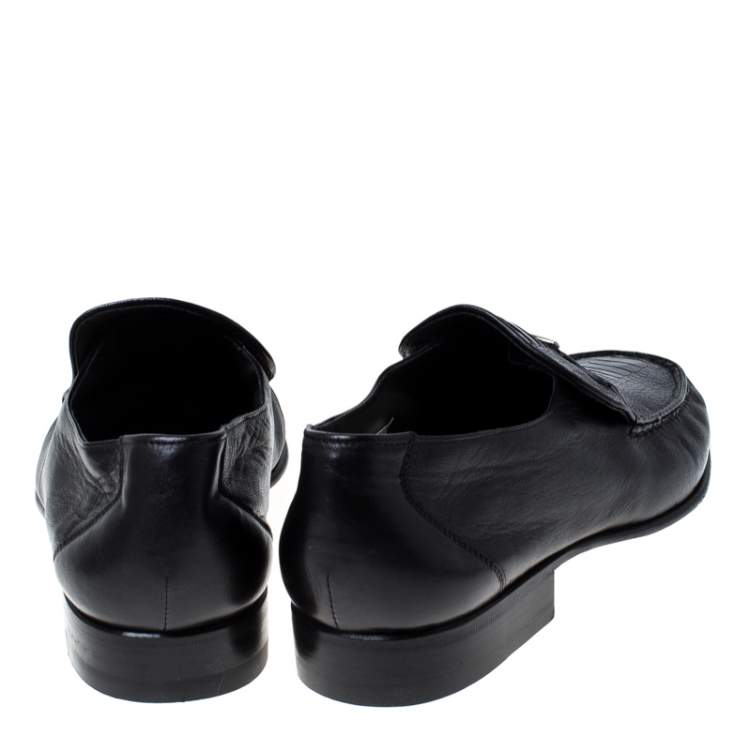 Pre Owned Moreschi Black Leather And Ostrich Trim Slip On Loafers Size 41