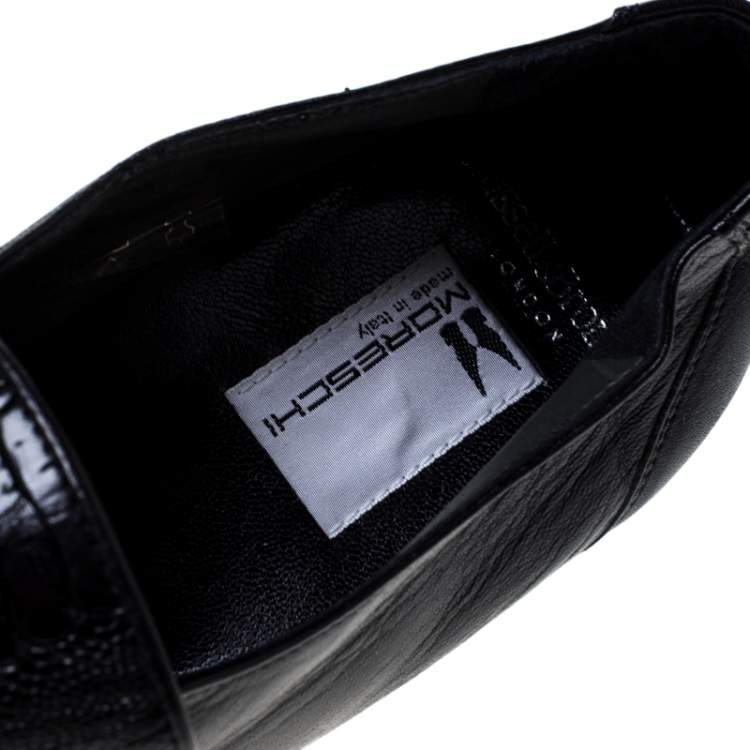Pre Owned Moreschi Black Leather And Ostrich Trim Slip On Loafers Size 41
