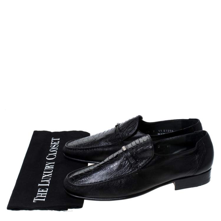 Pre Owned Moreschi Black Leather And Ostrich Trim Slip On Loafers Size 41