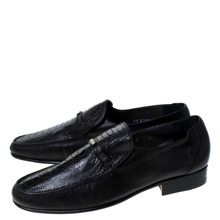 Pre Owned Moreschi Black Leather And Ostrich Trim Slip On Loafers Size 41