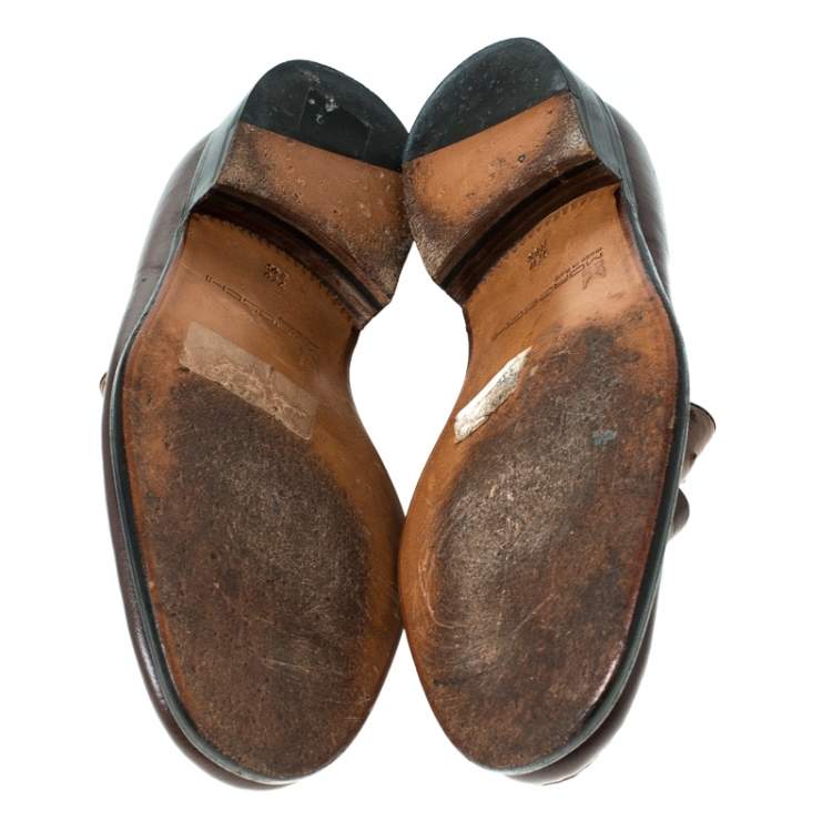 Pre Owned Moreschi Brown Leather And Ostrich Trim Slip On Loafers Size 41