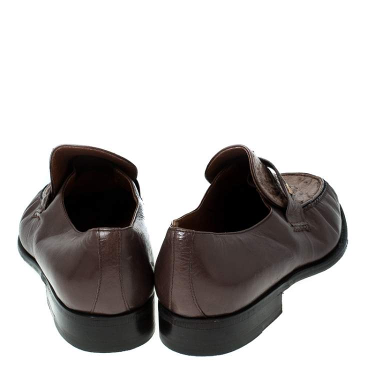 Pre Owned Moreschi Brown Leather And Ostrich Trim Slip On Loafers Size 41