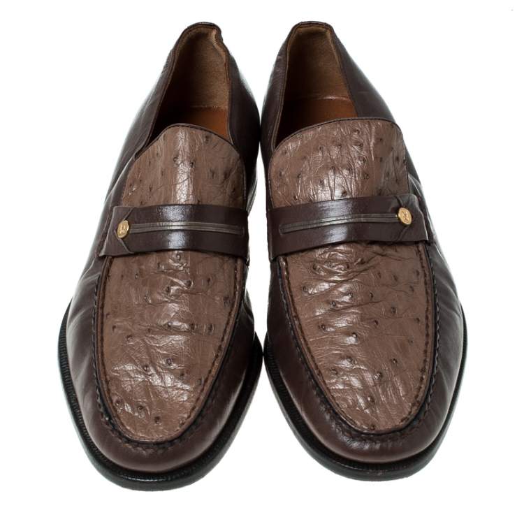 Pre Owned Moreschi Brown Leather And Ostrich Trim Slip On Loafers Size 41