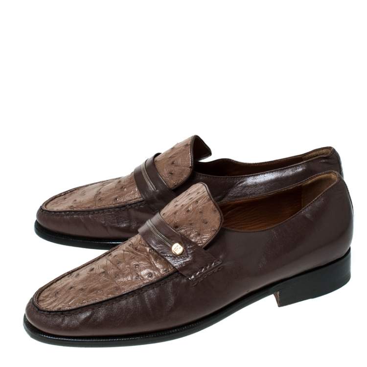 Pre Owned Moreschi Brown Leather And Ostrich Trim Slip On Loafers Size 41