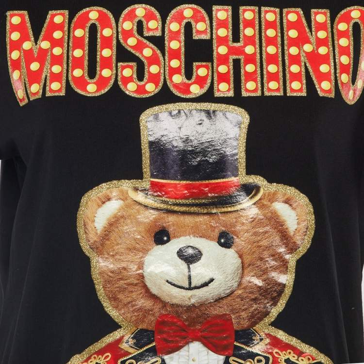 Pre Owned Moschino Couture Black Glitter Bear Print Cotton Crew Neck T-Shirt S