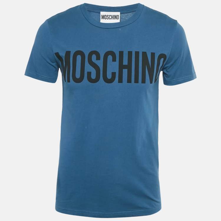 Pre Owned Moschino Couture Blue Logo Print Cotton Crew Neck T-Shirt XS
