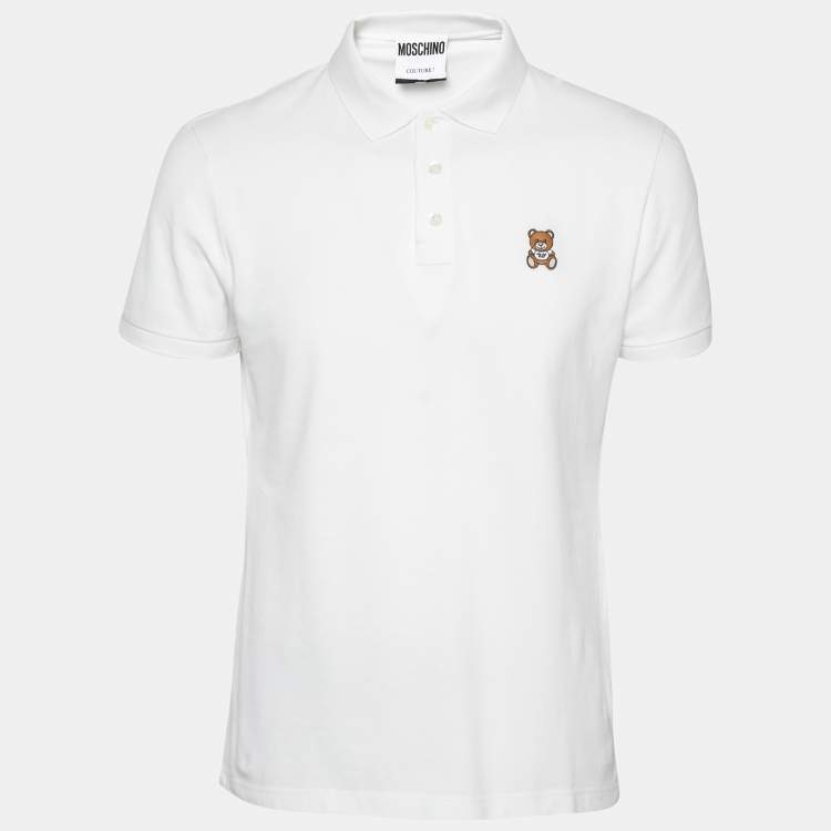 Pre Owned Moschino Couture White Cotton Pique Teddy Bear Embroidered Polo T-Shirt M