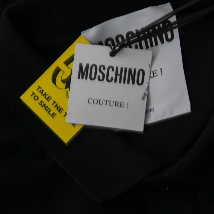 Pre Owned Moschino Couture Black Cotton Pique Logo Printed Polo T-Shirt XL