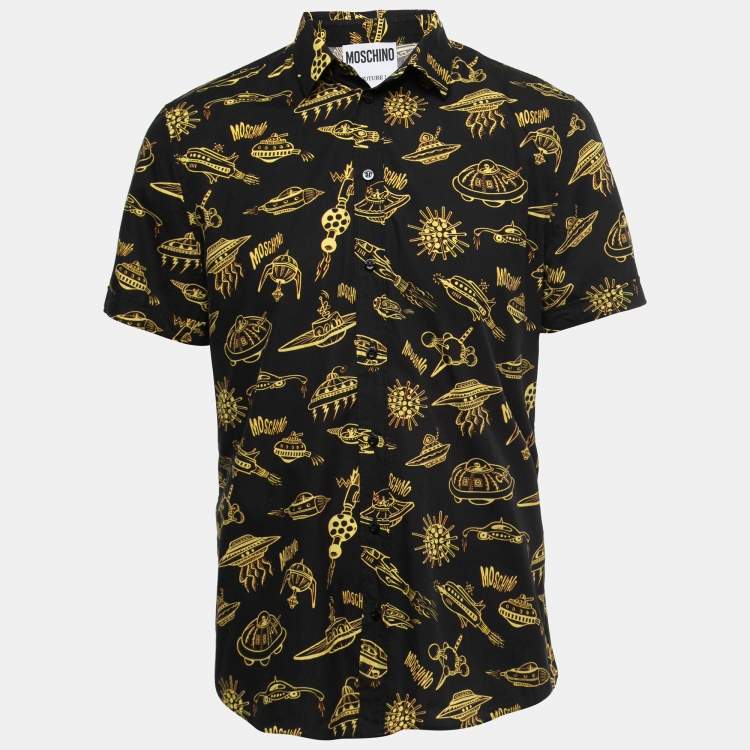 Pre Owned Moschino Couture Black Printed Cotton Short Sleeve Shirt L