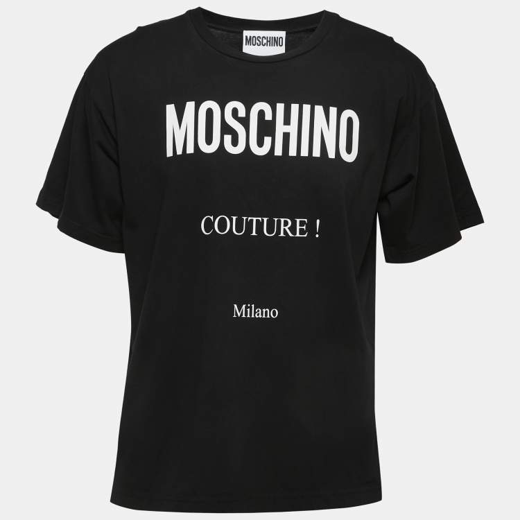 Pre Owned Moschino Couture Black Logo Print Cotton Crew Neck Half Sleeve T-Shirt M