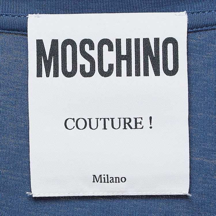 Pre Owned Moschino Couture Blue Logo Embroidered Cotton Knit Half Sleeve T-Shirt M