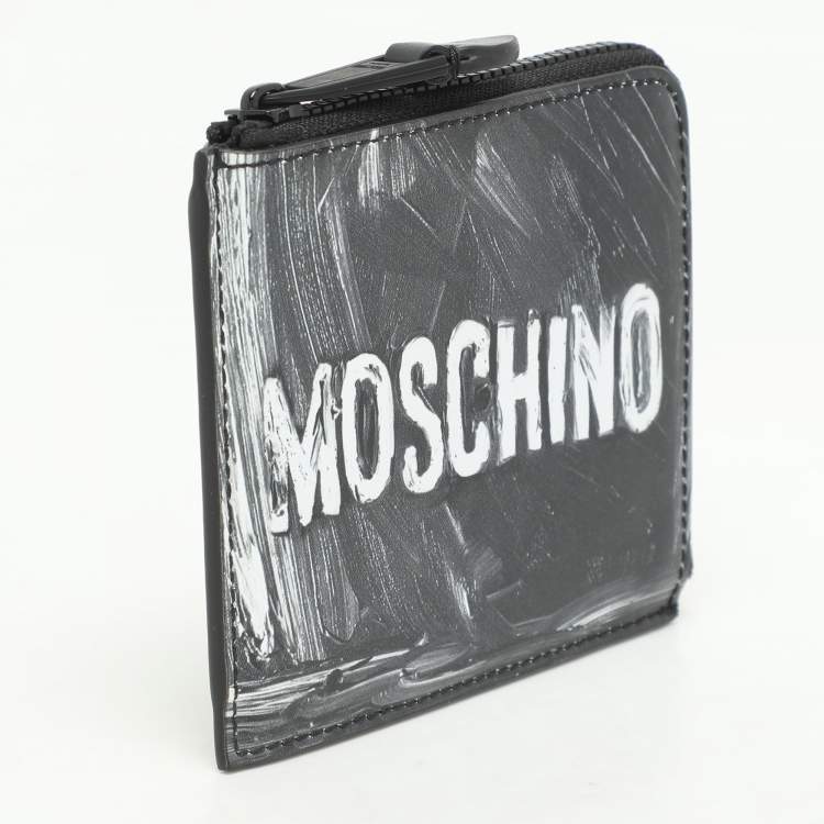 Pre Owned Moschino Grey Leather Logo Print Coin Purse
