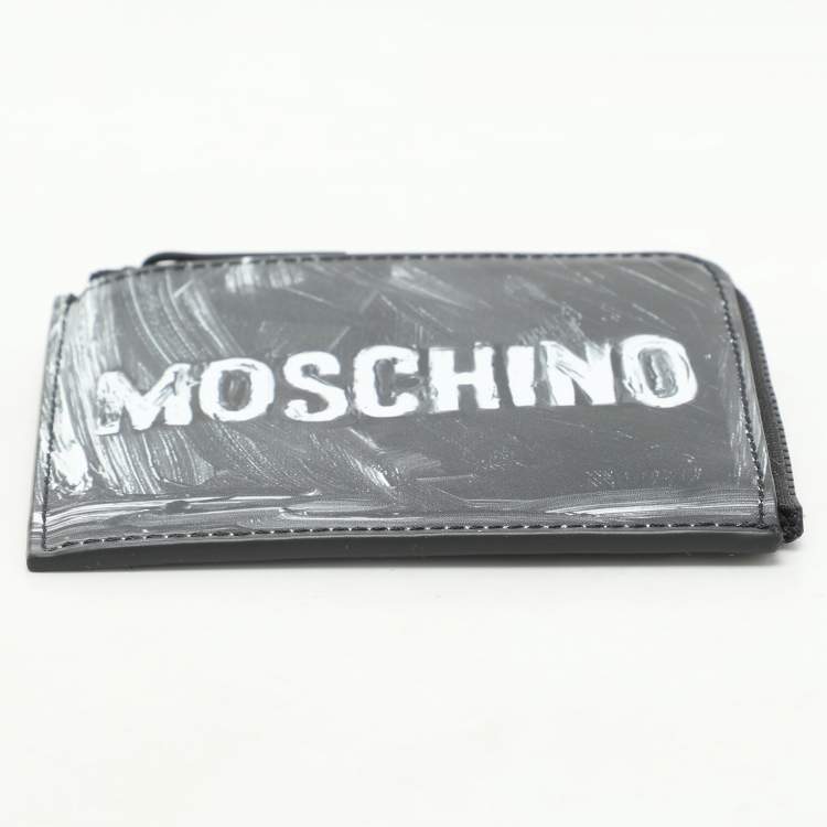 Pre Owned Moschino Grey Leather Logo Print Coin Purse