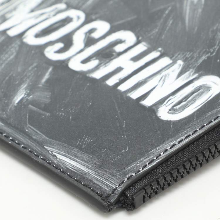 Pre Owned Moschino Grey Leather Logo Print Coin Purse
